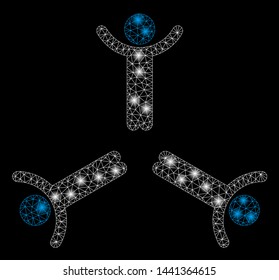 Glossy mesh hands up men with glare effect. Abstract illuminated model of hands up men icon. Shiny wire frame polygonal mesh hands up men. Vector abstraction on a black background.