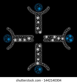 Glossy mesh hands up men with glare effect. Abstract illuminated model of hands up men icon. Shiny wire frame polygonal mesh hands up men. Vector abstraction on a black background.