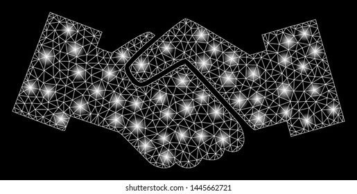 Glossy mesh handshake with glare effect. Abstract illuminated model of handshake icon. Shiny wire frame triangular mesh handshake. Vector abstraction on a black background.