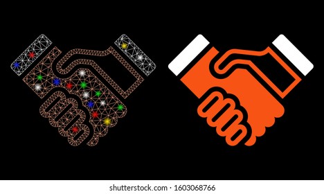 Glossy mesh handshake icon with sparkle effect. Abstract illuminated model of handshake. Shiny wire frame triangular mesh handshake icon. Vector abstraction on a black background.