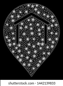 Glossy mesh hangar map marker with glow effect. Abstract illuminated model of hangar map marker icon. Shiny wire carcass triangular mesh hangar map marker. Vector abstraction on a black background.
