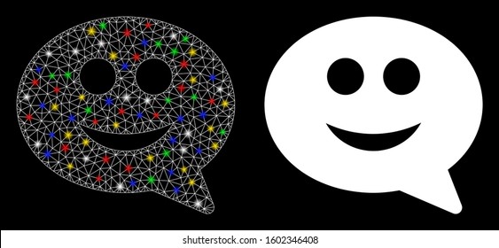 Glossy mesh happy chat message icon with glare effect. Abstract illuminated model of happy chat message. Shiny wire frame triangular mesh happy chat message icon.