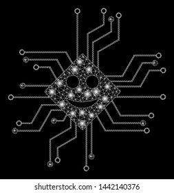 Glossy mesh happy chip circuit with lightspot effect. Abstract illuminated model of happy chip circuit icon. Shiny wire carcass triangular mesh happy chip circuit.