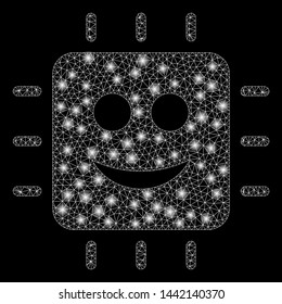 Glossy mesh happy CPU with glow effect. Abstract illuminated model of happy CPU icon. Shiny wire carcass polygonal mesh happy CPU. Vector abstraction on a black background.
