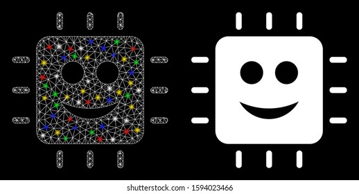 Glossy mesh happy CPU icon with glare effect. Abstract illuminated model of happy CPU. Shiny wire carcass triangular mesh happy CPU icon. Vector abstraction on a black background.