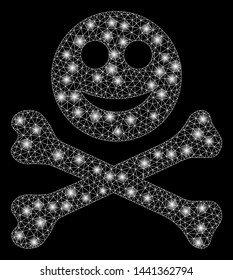 Glossy mesh happy death with lightspot effect. Abstract illuminated model of happy death icon. Shiny wire frame triangular mesh happy death. Vector abstraction on a black background.