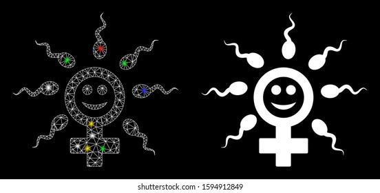 Glossy mesh happy insemination icon with sparkle effect. Abstract illuminated model of happy insemination. Shiny wire frame triangular mesh happy insemination icon.