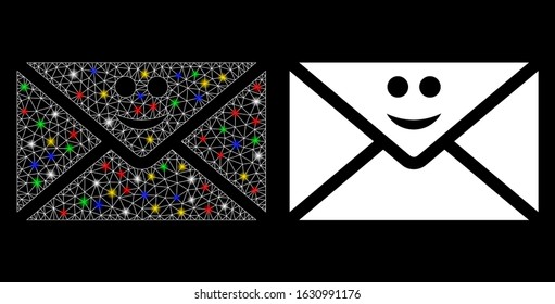 Glossy mesh happy mail icon with sparkle effect. Abstract illuminated model of happy mail. Shiny wire frame polygonal mesh happy mail icon. Vector abstraction on a black background.