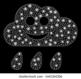 Glossy mesh happy rain cloud with lightspot effect. Abstract illuminated model of happy rain cloud icon. Shiny wire carcass polygonal mesh happy rain cloud. Vector abstraction on a black background.