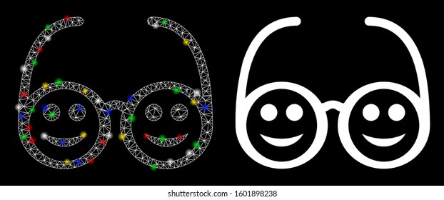 Glossy mesh happy spectacles icon with sparkle effect. Abstract illuminated model of happy spectacles. Shiny wire frame polygonal mesh happy spectacles icon. Vector abstraction on a black background.