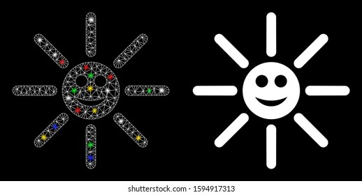 Glossy mesh happy sun rays icon with glow effect. Abstract illuminated model of happy sun rays. Shiny wire frame polygonal mesh happy sun rays icon. Vector abstraction on a black background.