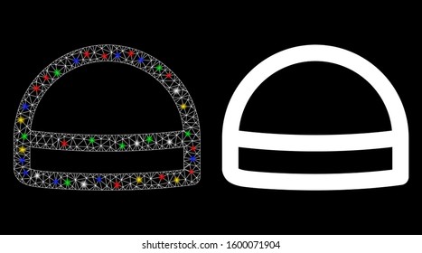 Glossy mesh hardhat icon with glitter effect. Abstract illuminated model of hardhat. Shiny wire carcass polygonal mesh hardhat icon. Vector abstraction on a black background.