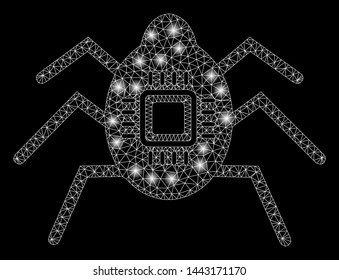 Glossy mesh hardware bug with glare effect. Abstract illuminated model of hardware bug icon. Shiny wire frame triangular mesh hardware bug. Vector abstraction on a black background.