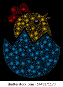Glossy mesh hatch chick with glare effect. Abstract illuminated model of hatch chick icon. Shiny wire carcass polygonal mesh hatch chick. Vector abstraction on a black background.
