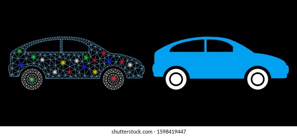 Glossy mesh hatchback icon with glow effect. Abstract illuminated model of hatchback. Shiny wire carcass triangular mesh hatchback icon. Vector abstraction on a black background.