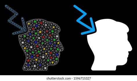 Glossy mesh head electric strike icon with glow effect. Abstract illuminated model of head electric strike. Shiny wire carcass polygonal mesh head electric strike icon.