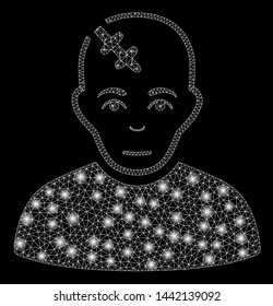 Glossy mesh head hurt with glare effect. Abstract illuminated model of head hurt icon. Shiny wire frame polygonal mesh head hurt. Vector abstraction on a black background.
