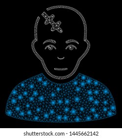 Glossy mesh head hurt with glow effect. Abstract illuminated model of head hurt icon. Shiny wire frame polygonal mesh head hurt. Vector abstraction on a black background.