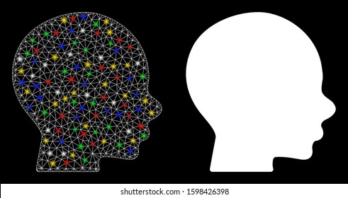 Glossy mesh head icon with glitter effect. Abstract illuminated model of head. Shiny wire carcass polygonal mesh head icon. Vector abstraction on a black background.
