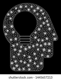 Glossy mesh head idea with glow effect. Abstract illuminated model of head idea icon. Shiny wire frame triangular mesh head idea. Vector abstraction on a black background.