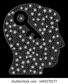 Glossy mesh head key with glare effect. Abstract illuminated model of head key icon. Shiny wire carcass triangular mesh head key. Vector abstraction on a black background.