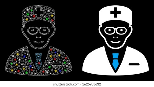 Glossy mesh head physician icon with glare effect. Abstract illuminated model of head physician. Shiny wire carcass polygonal mesh head physician icon. Vector abstraction on a black background.