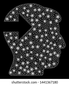 Glossy mesh head plug-in arrow with glow effect. Abstract illuminated model of head plug-in arrow icon. Shiny wire carcass triangular mesh head plug-in arrow. Vector abstraction on a black background.