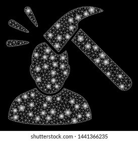 Glossy mesh head shock with lightspot effect. Abstract illuminated model of head shock icon. Shiny wire carcass triangular mesh head shock. Vector abstraction on a black background.