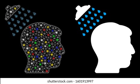 Glossy mesh head shower icon with glow effect. Abstract illuminated model of head shower. Shiny wire frame triangular mesh head shower icon. Vector abstraction on a black background.