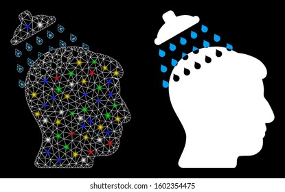 Glossy mesh head shower icon with glare effect. Abstract illuminated model of head shower. Shiny wire frame polygonal mesh head shower icon. Vector abstraction on a black background.