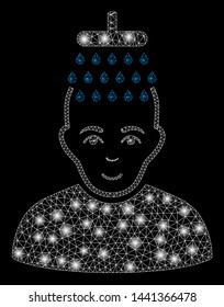 Glossy mesh head shower with sparkle effect. Abstract illuminated model of head shower icon. Shiny wire carcass triangular network head shower. Vector abstraction on a black background.