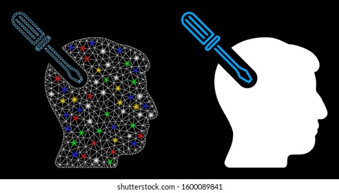 Glossy mesh head surgery screwdriver icon with glitter effect. Abstract illuminated model of head surgery screwdriver. Shiny wire frame triangular mesh head surgery screwdriver icon.