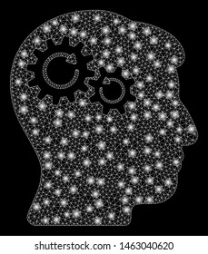 Glossy mesh head wheels rotation with glitter effect. Abstract illuminated model of head wheels rotation icon. Shiny wire frame triangular mesh head wheels rotation.