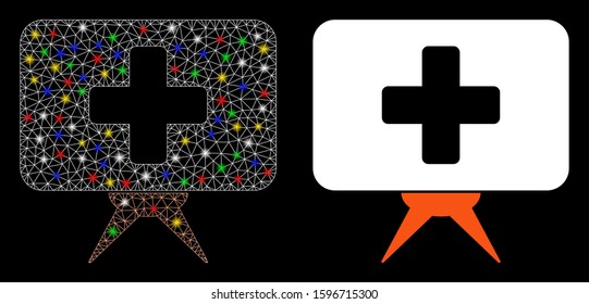 Glossy mesh health care presentation icon with glow effect. Abstract illuminated model of health care presentation. Shiny wire frame triangular network health care presentation icon.
