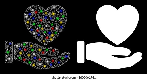 Glossy mesh heart care hand icon with glitter effect. Abstract illuminated model of heart care hand.  Vector abstraction on a black background.
