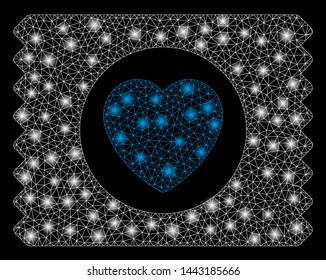 Glossy mesh heart condom pack with glow effect. Abstract illuminated model of heart condom pack icon. Shiny wire carcass triangular network heart condom pack. Vector abstraction on a black background.