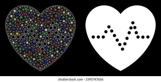 Glossy mesh heart pulse icon with glare effect. Abstract illuminated model of heart pulse. Shiny wire frame polygonal mesh heart pulse icon. Vector abstraction on a black background.