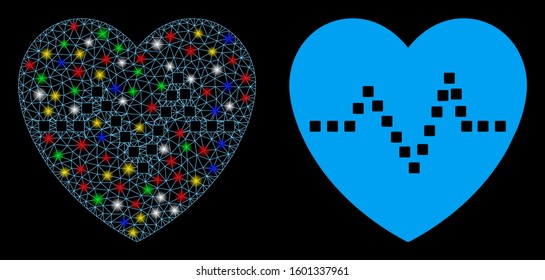 Glossy mesh heart pulse icon with glare effect. Abstract illuminated model of heart pulse. Shiny wire frame triangular mesh heart pulse icon. Vector abstraction on a black background.