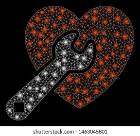 Glossy mesh heart repair with glare effect. Abstract illuminated model of heart repair icon. Shiny wire frame triangular mesh heart repair. Vector abstraction on a black background.