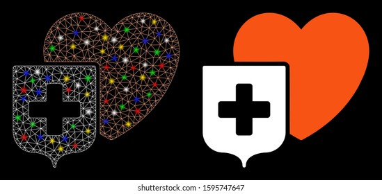 Glossy mesh heart shield icon with glitter effect. Abstract illuminated model of heart shield. Shiny wire carcass triangular network heart shield icon. Vector abstraction on a black background.