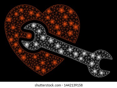 Glossy mesh heart surgery with glare effect. Abstract illuminated model of heart surgery icon. Shiny wire frame triangular mesh heart surgery. Vector abstraction on a black background.