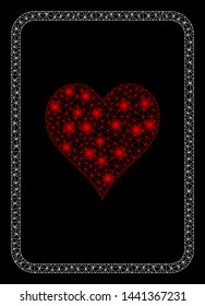 Glossy mesh hearts gambling card with sparkle effect. Abstract illuminated model of hearts gambling card icon. Shiny wire frame polygonal network hearts gambling card.
