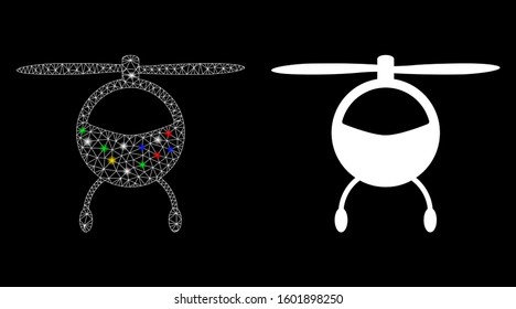 Glossy mesh helicopter chopper icon with lightspot effect. Abstract illuminated model of helicopter chopper. Shiny wire frame polygonal mesh helicopter chopper icon.