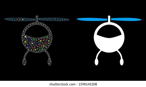 Glossy mesh helicopter icon with glow effect. Abstract illuminated model of helicopter. Shiny wire carcass triangular mesh helicopter icon. Vector abstraction on a black background.