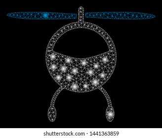 Glossy mesh helicopter with lightspot effect. Abstract illuminated model of helicopter icon. Shiny wire frame triangular network helicopter. Vector abstraction on a black background.