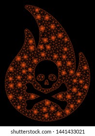 Glossy mesh hell fire with glitter effect. Abstract illuminated model of hell fire icon. Shiny wire carcass polygonal mesh hell fire. Vector abstraction on a black background.