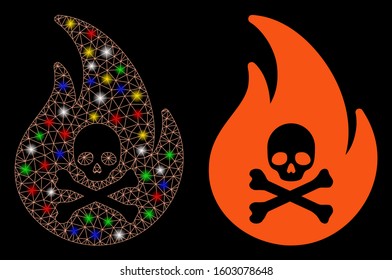 Glossy mesh hell fire icon with glare effect. Abstract illuminated model of hell fire. Shiny wire carcass triangular mesh hell fire icon. Vector abstraction on a black background.