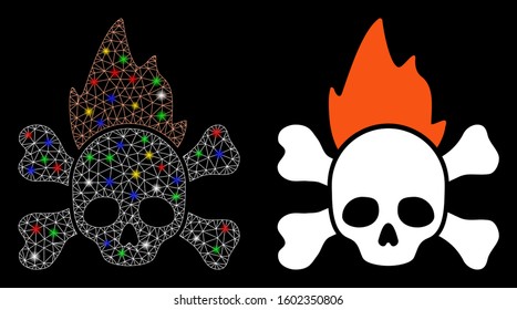 Glossy mesh hellfire icon with glitter effect. Abstract illuminated model of hellfire. Shiny wire frame triangular mesh hellfire icon. Vector abstraction on a black background.