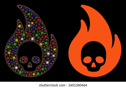 Glossy mesh hellfire icon with sparkle effect. Abstract illuminated model of hellfire. Shiny wire carcass polygonal mesh hellfire icon. Vector abstraction on a black background.