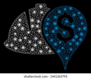 Glossy mesh helmet and money pointer with sparkle effect. Abstract illuminated model of helmet and money pointer icon. Shiny wire carcass polygonal network helmet and money pointer.